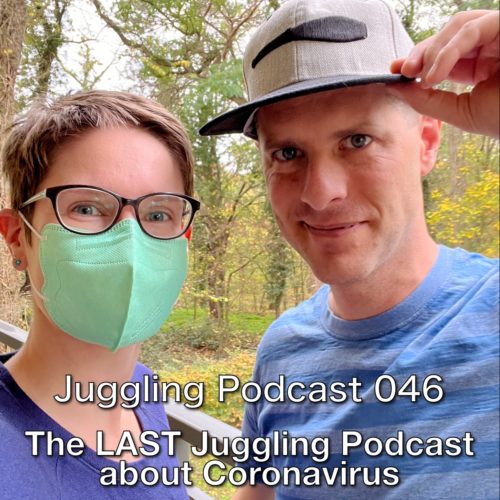 Juliane wearing a facemask, Luke wearing a cap with a juggling club design.